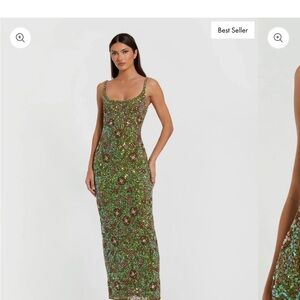 Green Sleeveless Hand Embellished Floral Maxi Dress NWT